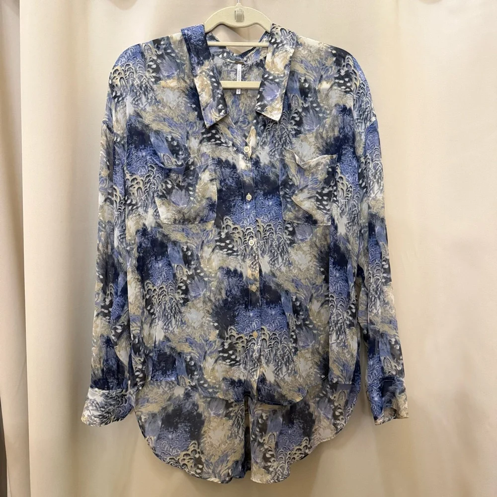 Free People Boho Sheer Abstract Print Georgette Button Blue Long Sleeve Shirt